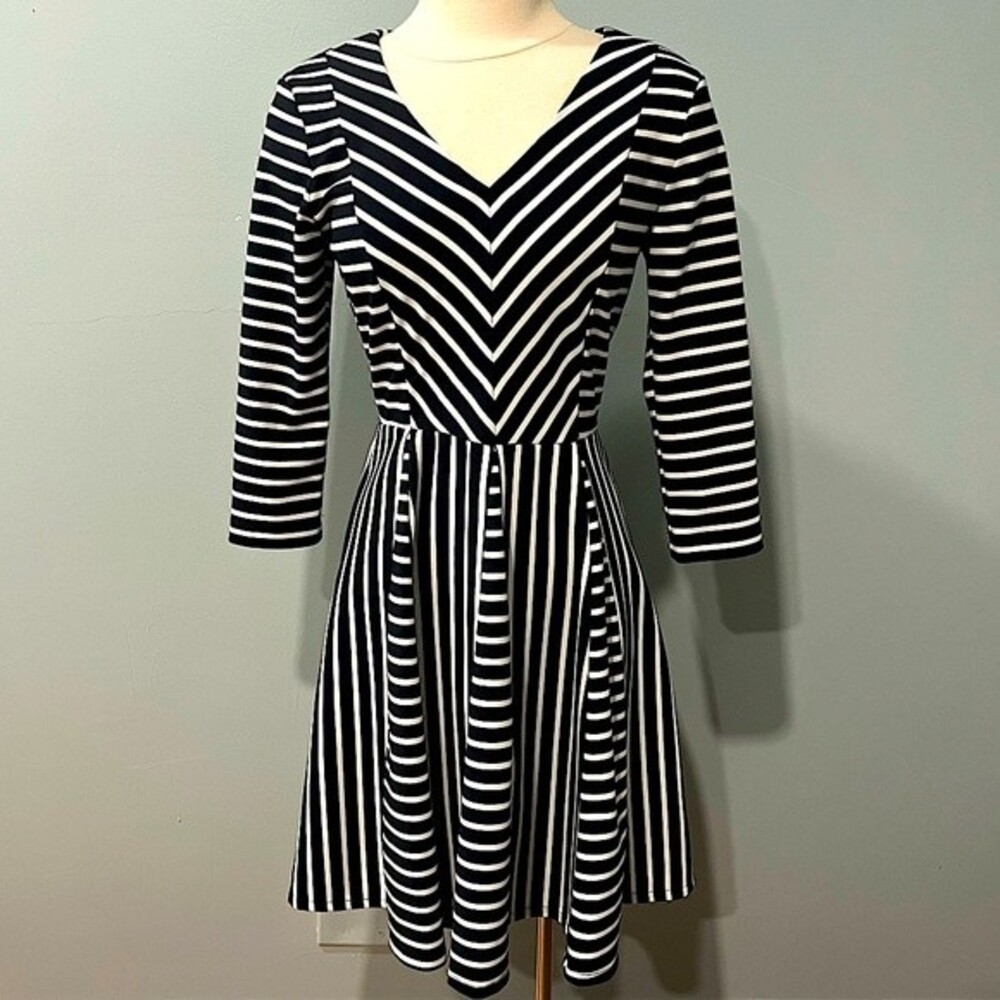 Gabby Skye Black & White Stripes V Neck 3/4 Sleeve Flare Skirt Dress Size 4